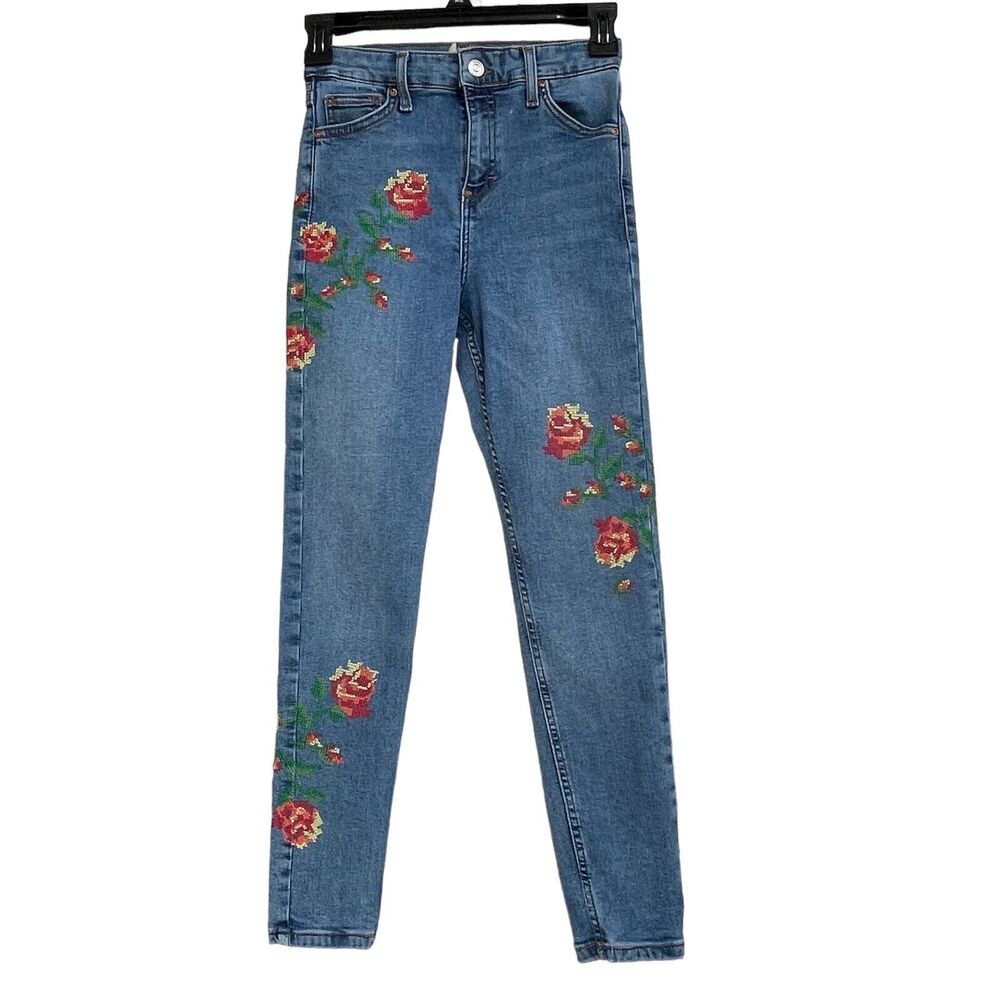 Topshop Moto SZ W26 Jamie Skinny Jeans Hi-Rise Stretch Floral Embroidery Blue